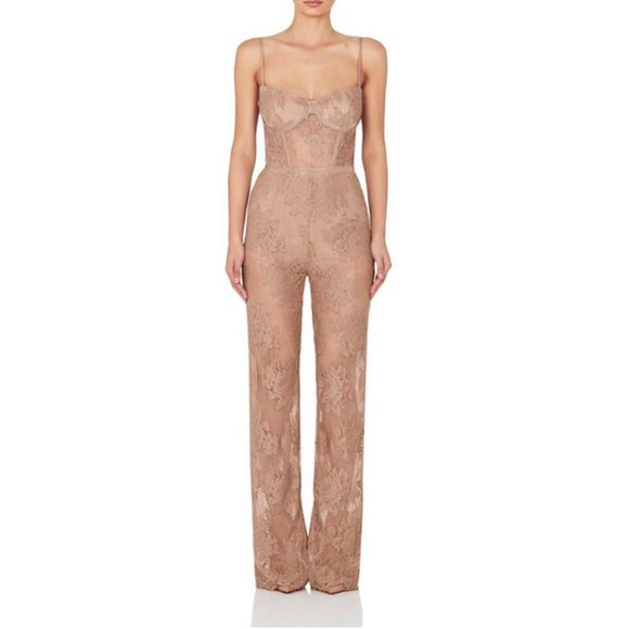 NUDE LACE BANDAGE JUMPSUIT BEIGE CORSET PANTSUIT - Picture 2 of 10